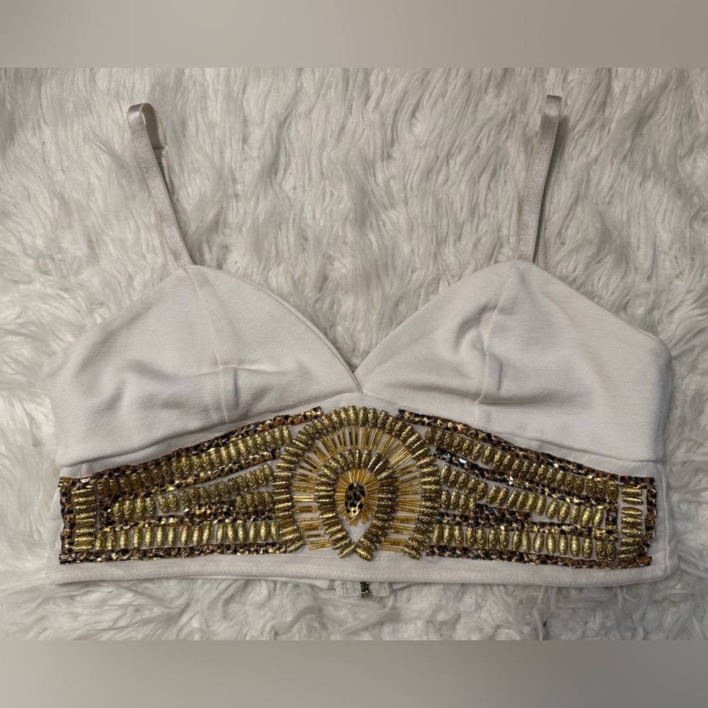 Bebe Embellished Gold and White Crop Top With Adjustable Straps
